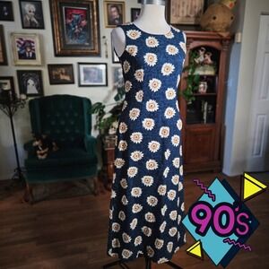 Vintage 90s Daisy Floral Blue Maxi Dress Sleeveless Round Neck Sundress Women's